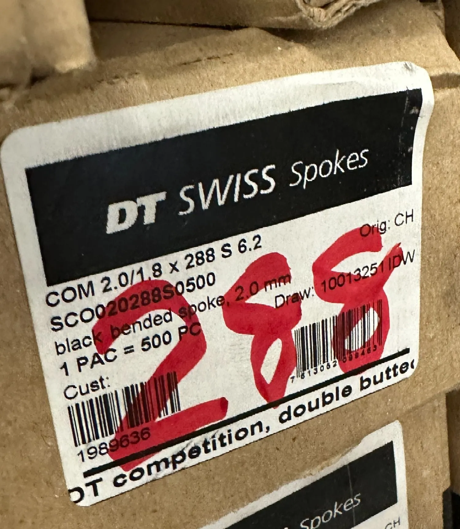 DT SWISS COMPETITION Spokes Black J-bend 2.0/1.8mm 14/15/14 DB 288mm 20/Count