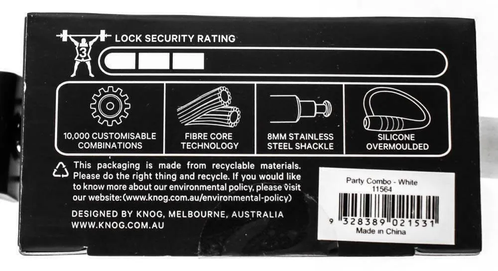 Knog Party Combo 620mm Cable Combination Bike Lock Braided Steel White New