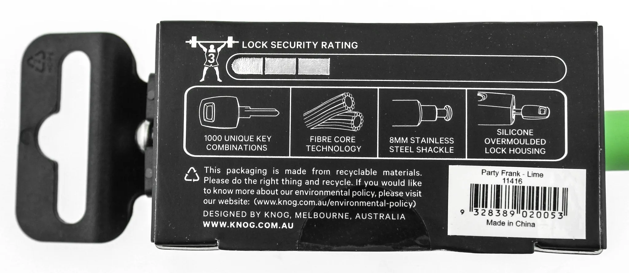 KNOG PARTY FRANK 620mm Cable Bike Lock With Bracket Lime Green Keyed Steel NEW