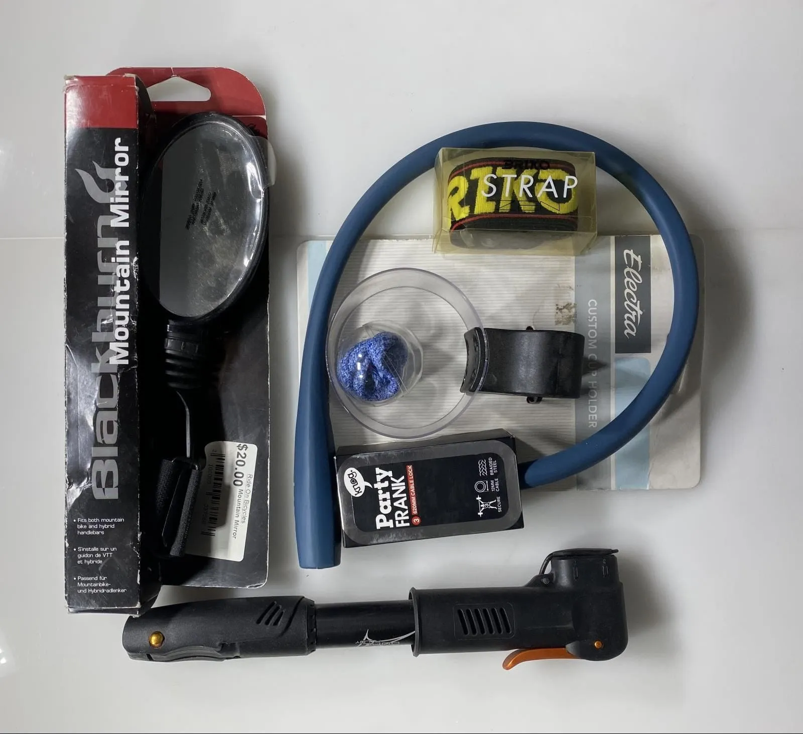 Lot of Bike Cycling Accessory Kit/ Pump, Lock, Mirror, Cup Holder, and Straps